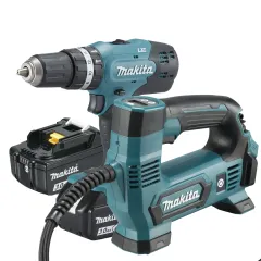 Kit Parafusadeira/Furadeira de Impacto + Mini Compressor de Ar Portátil + 2 Baterias Litio 18V e Carregador Bivolt - Makita KITDHP453+DMP18 Kit Parafusadeira/Furadeira de Impacto + Mini Compressor de Ar Portátil + 2 Baterias Litio 18V e Carregador Bivolt - Makita KITDHP453+DMP18