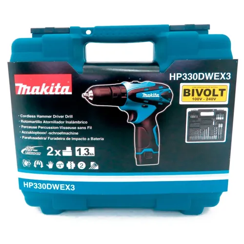 Parafusadeira/Furadeira de Impacto com Carregador 2 Baterias 12V Coldre e Maleta com Brocas Bits e Soquetes - Makita HP330DWEX3